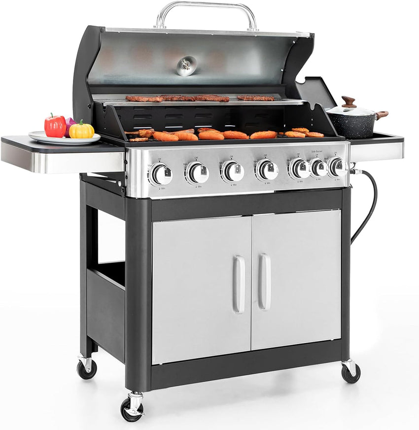 Burner Gas grill with side burner and enameled cast iron grille 42.000BTU outdoor cooking stainless steel propane grill Garden grill. silver