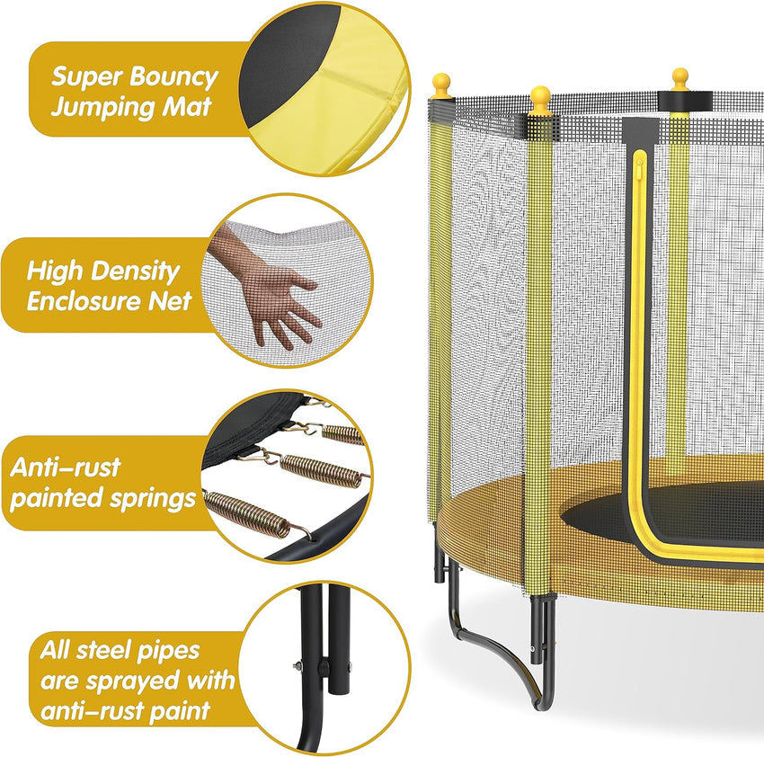 60 Kids Trampoline with Safety Enclosure Net. 5FT Toddler Indoor & Outdoor Trampoline/w Basketball Hoop - Parent-Child Interactive Game Fitness Trampoline Toy Gift for Boys and Girls Age 1-8