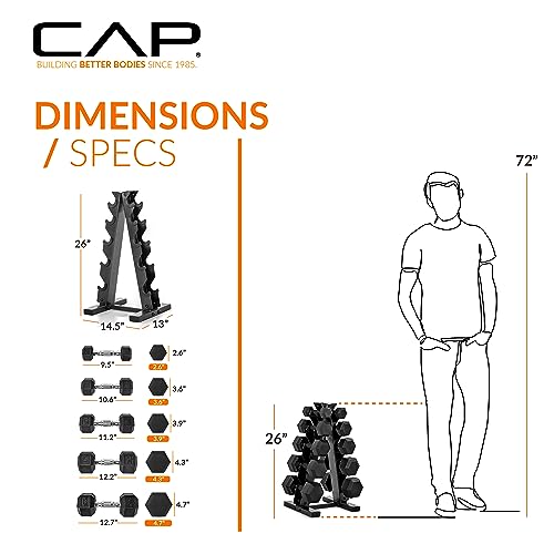 CAP Barbell 150 LB Coated Hex Dumbbell Weight Set with Vertical Rack. Black