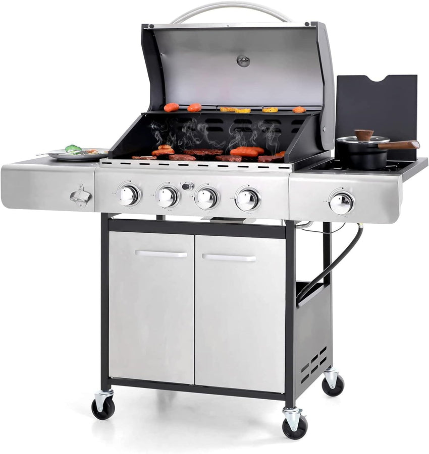 Burner Gas grill with side burner and enameled cast iron grille 42.000BTU outdoor cooking stainless steel propane grill Garden grill. silver