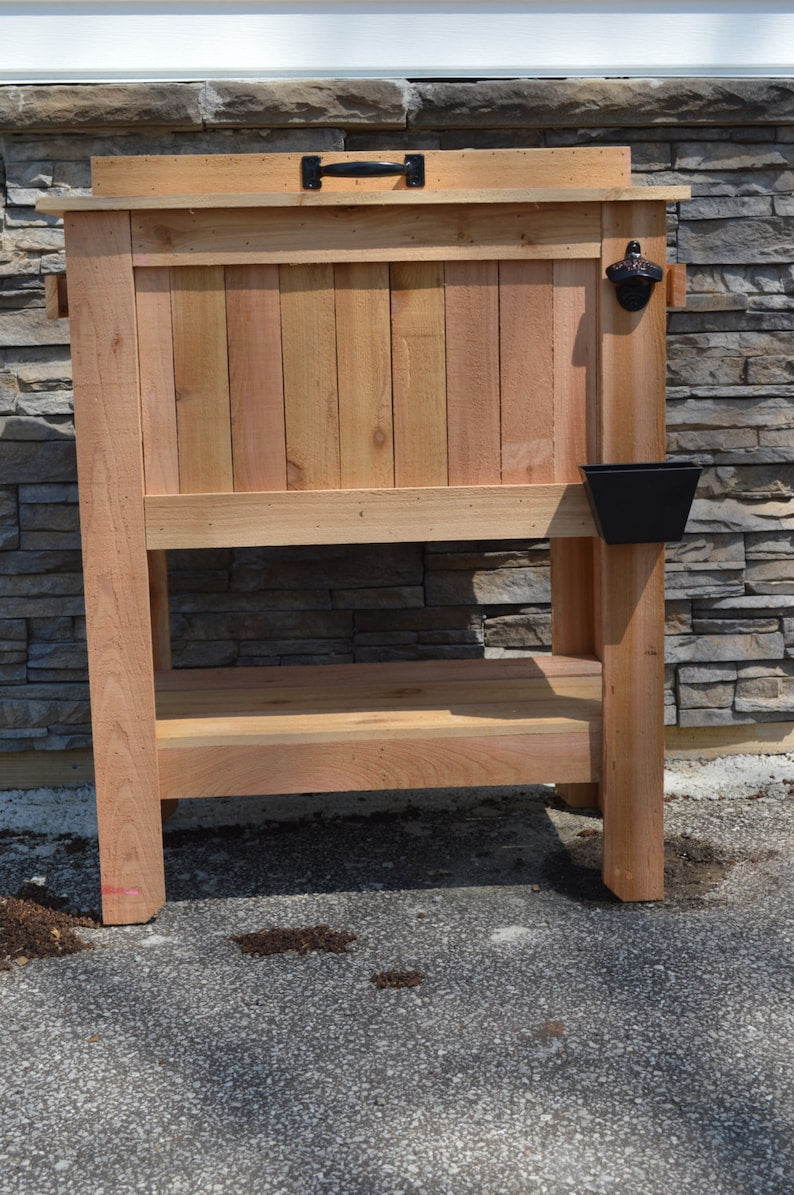 All Weather 48 Quart Antiqued Cedar Cooler Stand with Brass Drain. Bottle Opener and Cap Catcher. Beer Cooler.