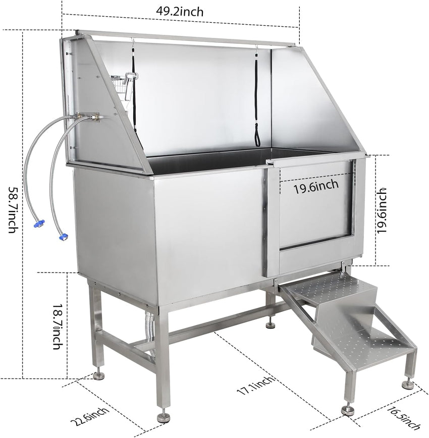 50 Dog Wash Bathtub. Pet Wash Station. Professional Stainless Steel Dog Grooming Tub with Ramp. Faucet. Sprayer. Drain Kit. Right Door
