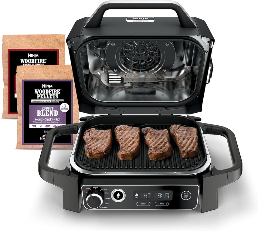 7-in-1 Grill & Smoker with Thermometer. Air Fryer. BBQ. Bake. Roast. Broil - Portable Electric Outdoor Grill. Grey