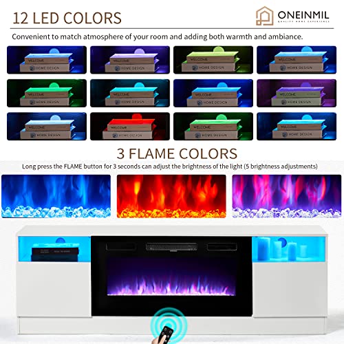 Oneinmil Fireplace TV Stand with 36 Electric Fireplace. LED Light Entertainment Center. Modern Wood. White