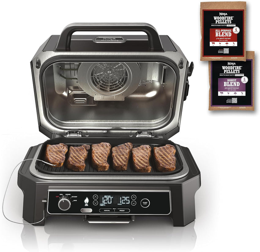 7-in-1 Grill & Smoker with Thermometer. Air Fryer. BBQ. Bake. Roast. Broil - Portable Electric Outdoor Grill. Grey