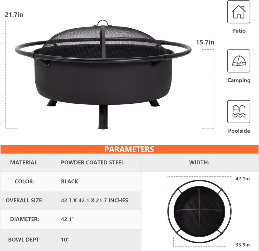 SUNCREAT 42 Patio Fire Pit Wood Burning with Mesh Spark Screen. Bonfire Outdoor firepit with Fireplace Poker. Black