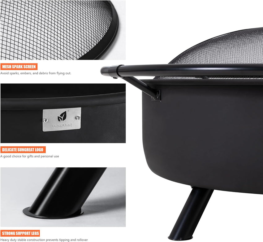 SUNCREAT 42 Patio Fire Pit Wood Burning with Mesh Spark Screen. Bonfire Outdoor firepit with Fireplace Poker. Black