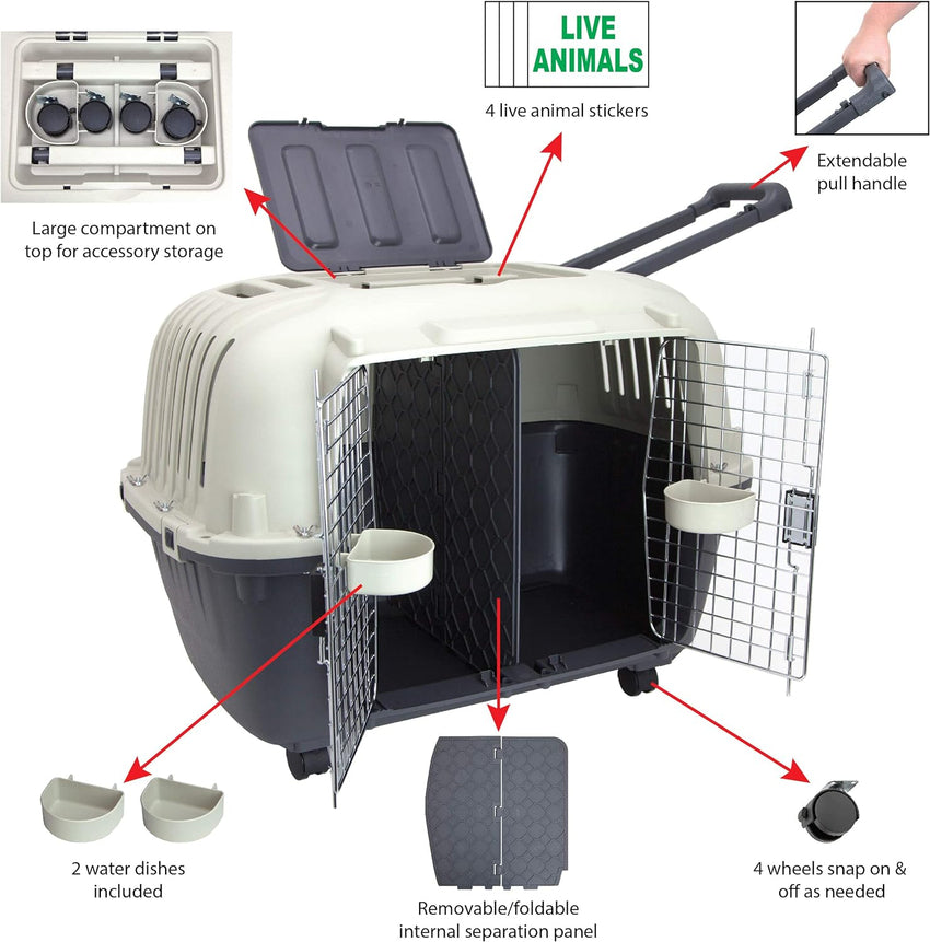 SportPet Designs Plastic Kennels Rolling Plastic Airline Approved Wire Door Travel Dog Crate. XXX-Large. Gray