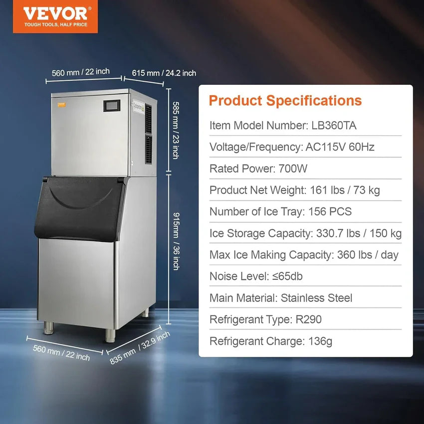 VEVOR Commercial Ice Maker. 360LBS/24H Ice Making Machine with 330.7LBS Large Storage Bin