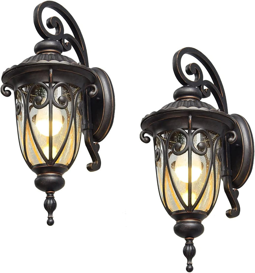 23 Large Outdoor Wall Light for Porch. 2 Pack Aluminium Exterior Wall Mount Lantern for House. Vintage Bronze Outside Wall Sconce with Clear Seeded Glass Shade for Garage