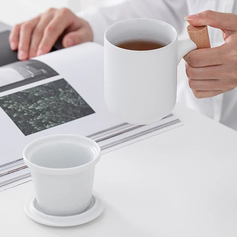 Kovat Minimalist Frosted Ceramic Tea Mug with Wood Handle. Infuser and Lid - 400ml Matte Porcelain Coffee Cup