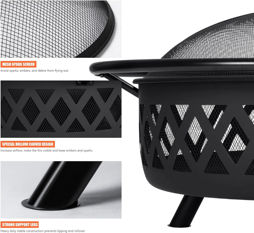 SUNCREAT 42 Patio Fire Pit Wood Burning with Mesh Spark Screen. Bonfire Outdoor firepit with Fireplace Poker. Black