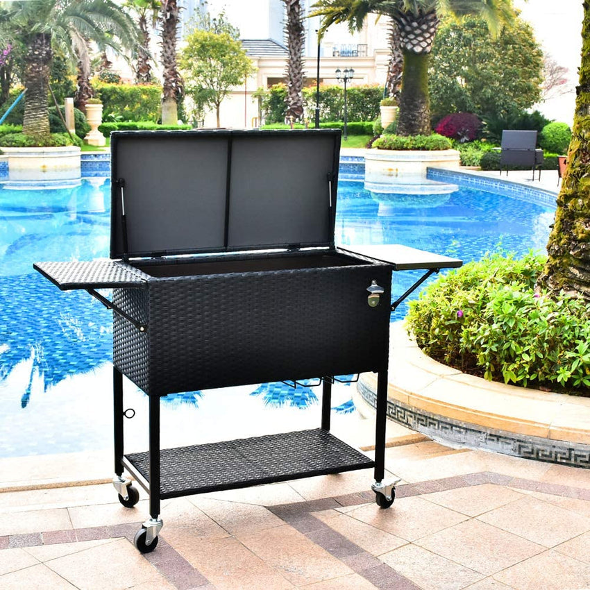 80 Quart Rattan Rolling Cooler Cart. Portable Wicker Cooler Trolley. Backyard Party Drink Beverage Bar