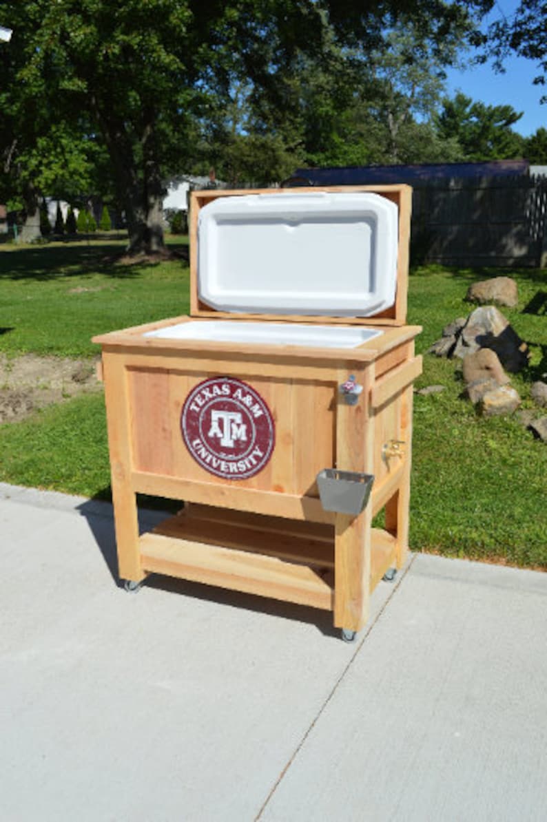 All Weather 48 Quart Antiqued Cedar Cooler Stand with Brass Drain. Bottle Opener and Cap Catcher. Beer Cooler.