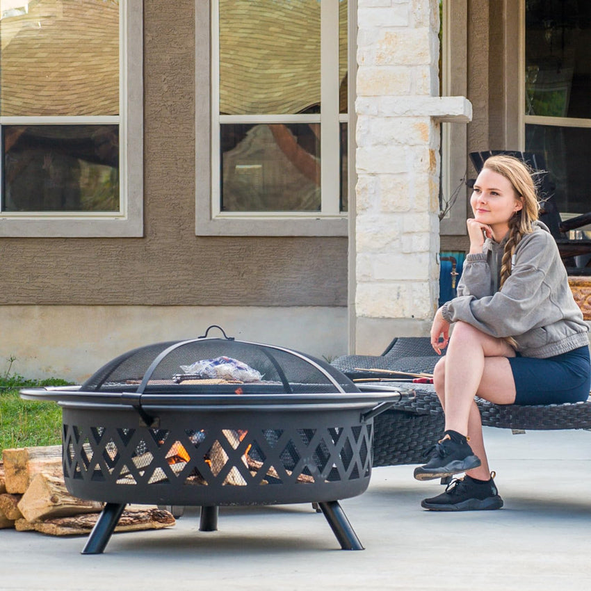 SUNCREAT 42 Patio Fire Pit Wood Burning with Mesh Spark Screen. Bonfire Outdoor firepit with Fireplace Poker. Black