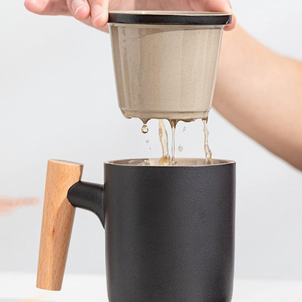 Kovat Minimalist Frosted Ceramic Tea Mug with Wood Handle. Infuser and Lid - 400ml Matte Porcelain Coffee Cup