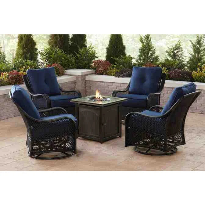 5-Piece Steel Patio Fire Pit Conversation Set with Navy Blue Cushions. Swivel Gliders and Square Fire Pit Table