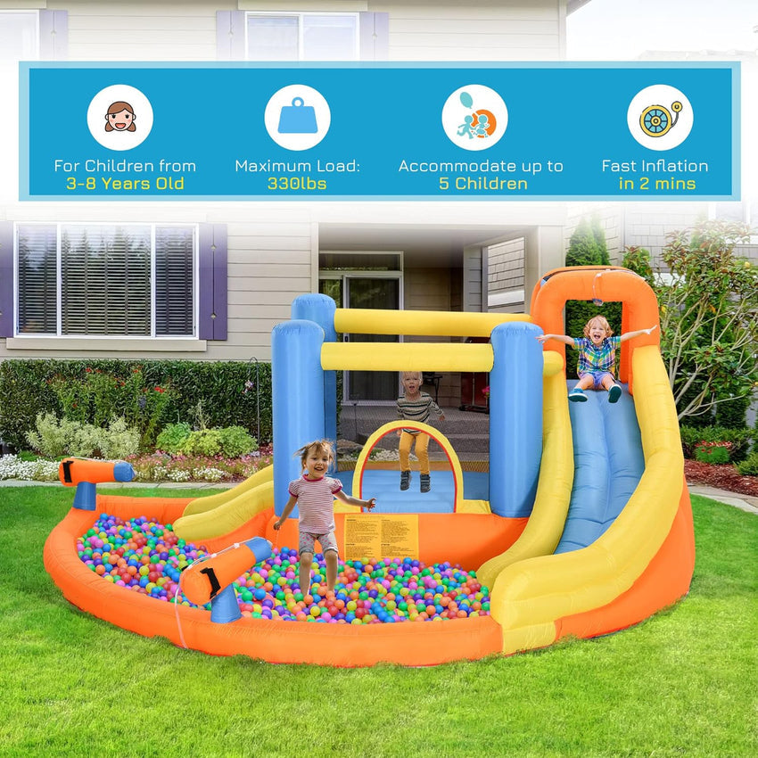 Kids Inflatable Water Slide 5-in-1 Bounce House Water Park Jumping Castle with Water Pool. Slide. Climbing Walls. & 2 Water Cannons. 450W Air Blower