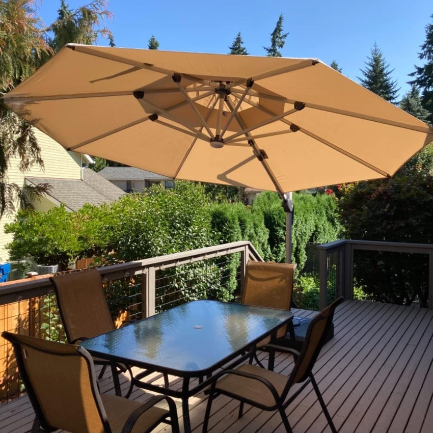 12ft Solar LED Patio Umbrella Outdoor Round Umbrella Large Cantilever Umbrella with LED Lights Windproof Bias Umbrella Heavy Duty Parasol for Garden Deck Pool Patio
