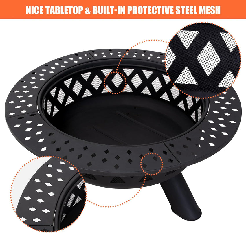 SUNCREAT 42 Patio Fire Pit Wood Burning with Mesh Spark Screen. Bonfire Outdoor firepit with Fireplace Poker. Black