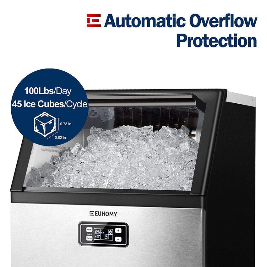 Euhomy Commercial Ice Machine. 2 Way Water Supply 100lbs/24H Stainless Steel Under Counter ice Machine with 33lbs Capacity