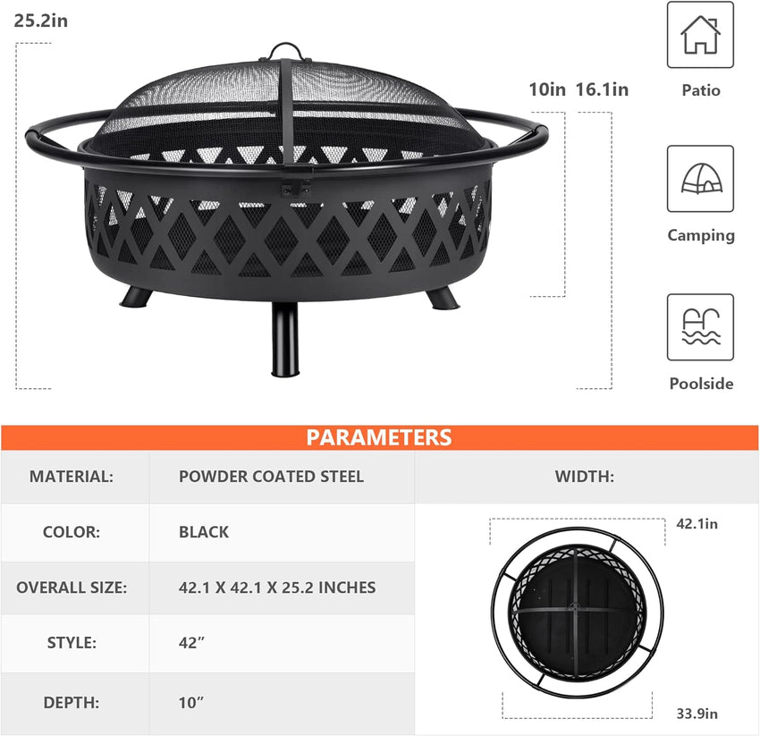 SUNCREAT 42 Patio Fire Pit Wood Burning with Mesh Spark Screen. Bonfire Outdoor firepit with Fireplace Poker. Black