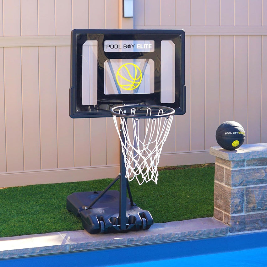 All-In-One Pool Basketball Hoop - Includes Composite Basketball. Air Pump. & Tools - Matte Black Heavy Duty Set - Adjustable Poolside Basketball Goal - Made for Kids. Teens. & Adults
