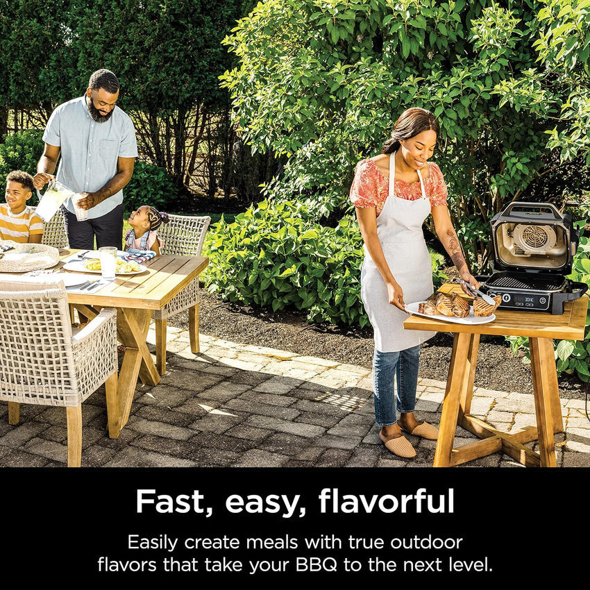 7-in-1 Grill & Smoker with Thermometer. Air Fryer. BBQ. Bake. Roast. Broil - Portable Electric Outdoor Grill. Grey