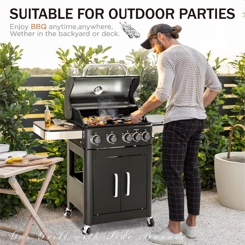 Burner Gas grill with side burner and enameled cast iron grille 42.000BTU outdoor cooking stainless steel propane grill Garden grill. silver