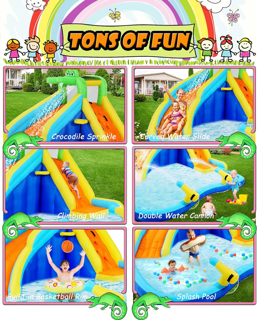 Inflatable Water Slides for Kids 8-in-1 Bounce House Water Park with 450W Blower Climbing Wall. Splash Pool. 2 Water Cannons. Basketball Hoop. Water Slide. Crocodile Sprinkler for Gift Backyard Party
