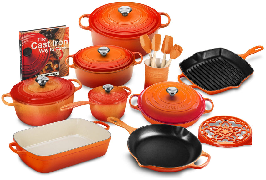 20-piece Signature Cast Iron Cookware Set.10.25′′ Skillet.1.75-quart Saucepan with Lid