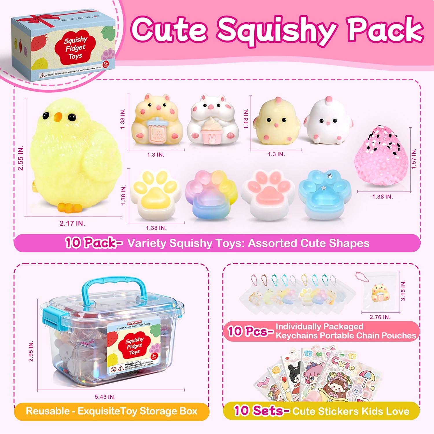 10 Pack Taba Squishy Toys kit with Toy Box & Cute Stickers