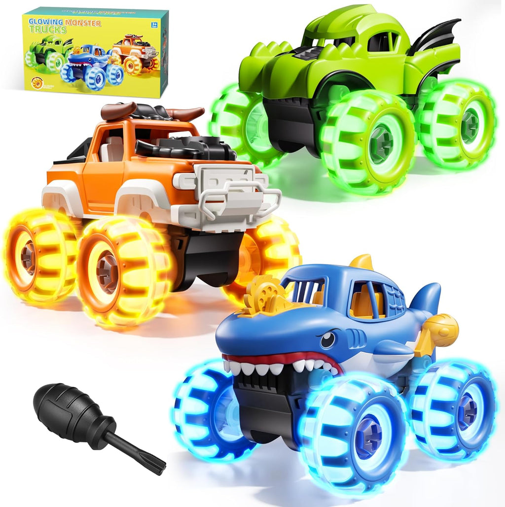 OMAKCOO 3 Pack Monster Truck Toys with Light Up Wheels. Take Apart Car Toys for Toddlers Kids Boys Age 3 4 5 6 7 8 Years Old : Toys & Games
