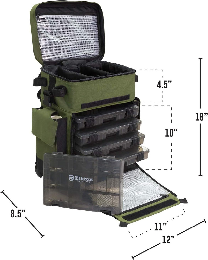 Elkton Outdoors Rolling Tackle Box with Wheels - Waterproof Rolling Fishing Backpack. 5 Removable Tackle Trays. 4 Rod Holders. Fishing Gifts for Men. Fish Tackle Bag. Roller Tackle Box