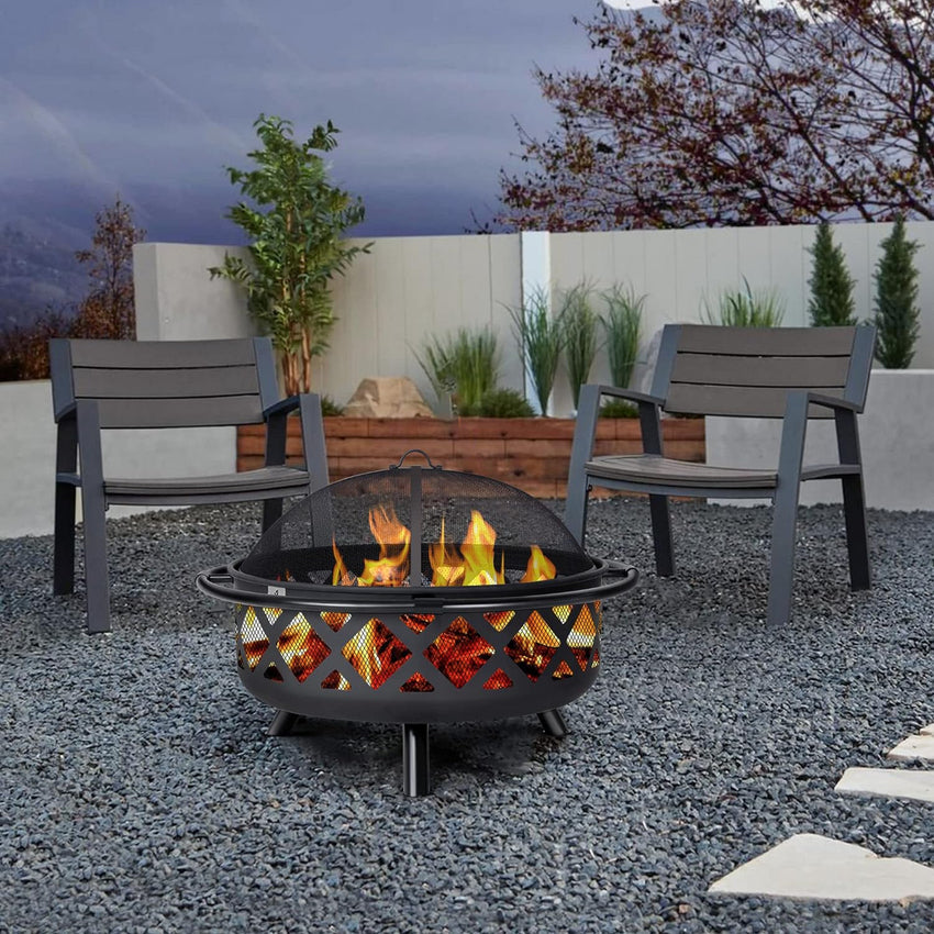 SUNCREAT 42 Patio Fire Pit Wood Burning with Mesh Spark Screen. Bonfire Outdoor firepit with Fireplace Poker. Black