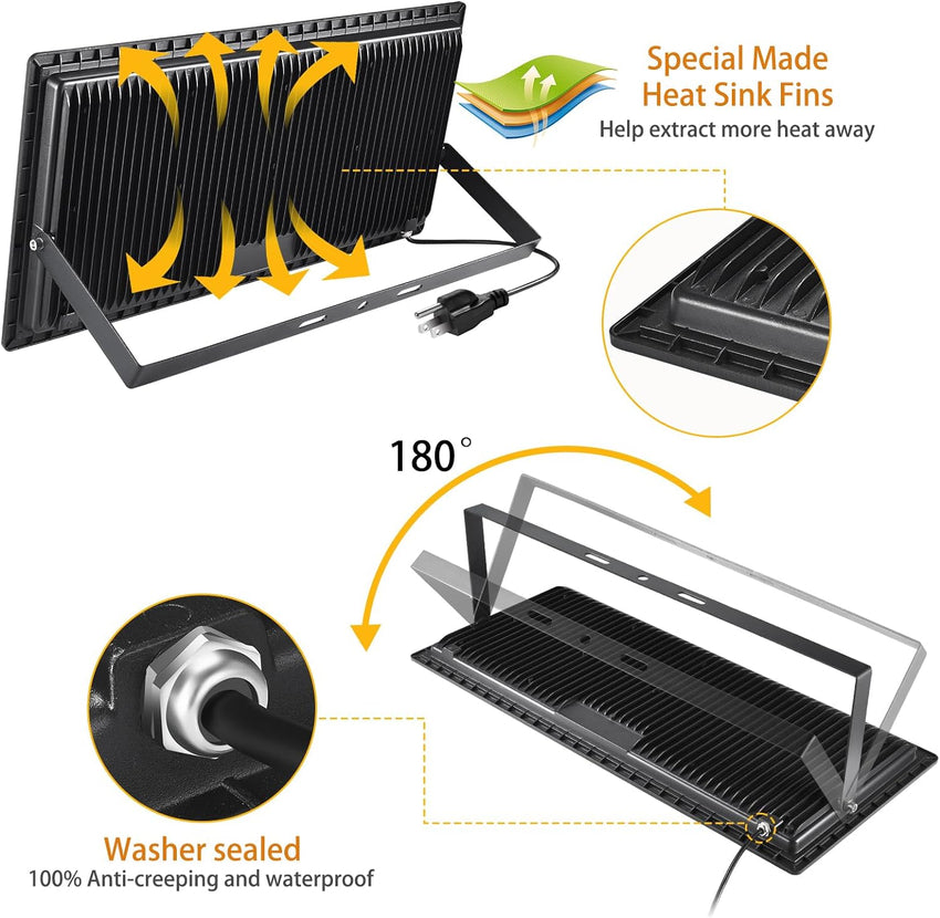 3 Pack 200W LED Flood Light.Super Bright Exterior Security Lights With Plug.IP66 Waterproof Outdoor Flood Light. 22800lm 5000K Daylight White Floodlight for Yard. Garden.Basketball Court. Arena