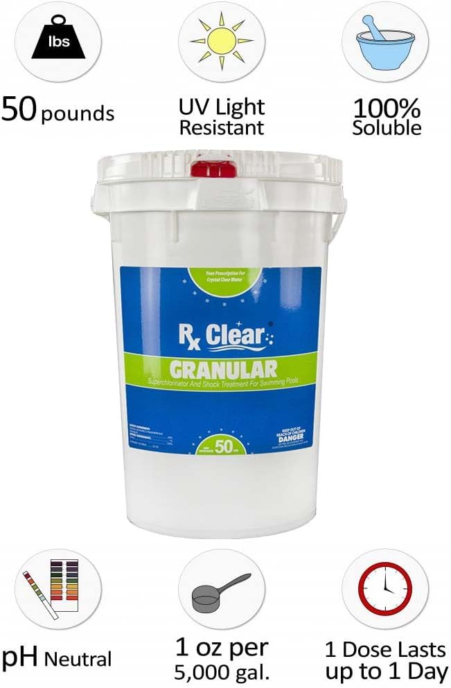 Clear Stabilized Granular Chlorine | One 50-Pound Bucket | Use As Bactericide. Algaecide. and Disinfectant in Swimming Pools and Spas | Fast Dissolving and UV Protected