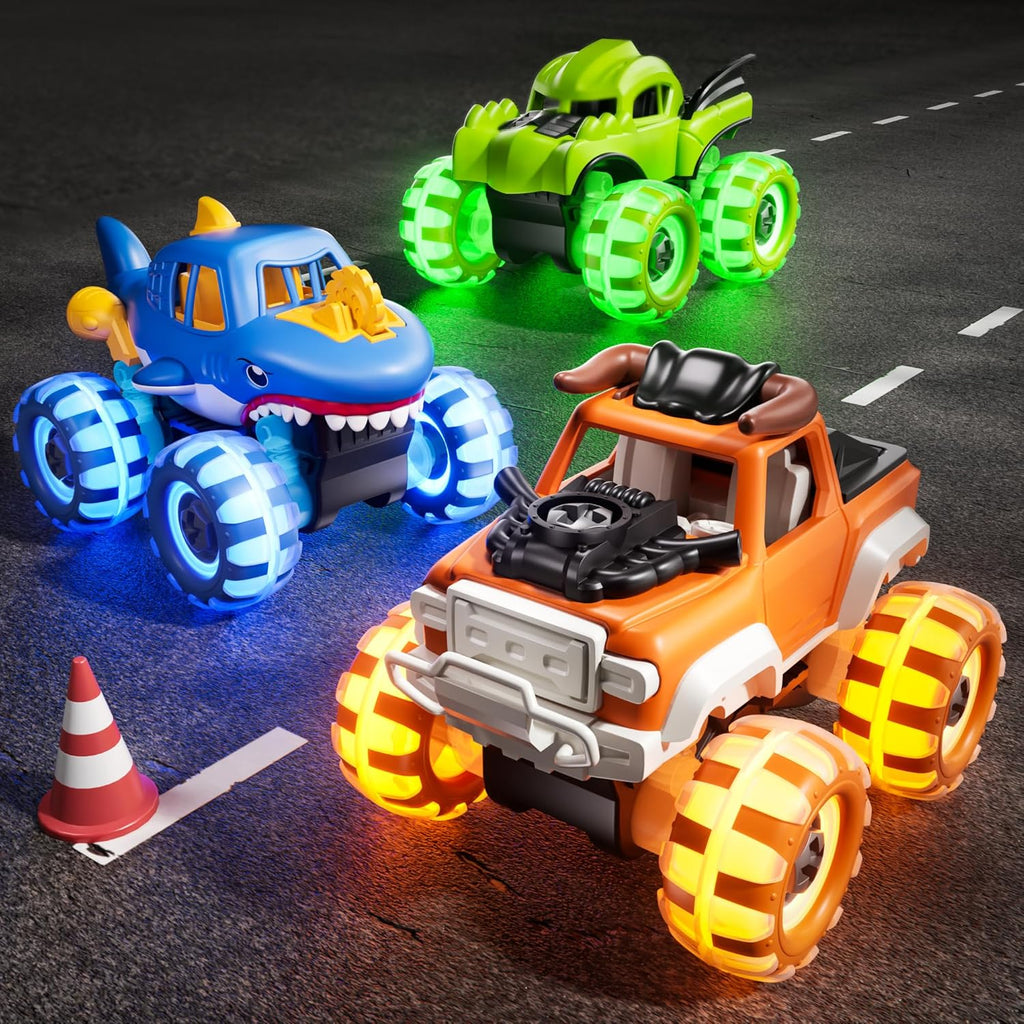 OMAKCOO 3 Pack Monster Truck Toys with Light Up Wheels. Take Apart Car Toys for Toddlers Kids Boys Age 3 4 5 6 7 8 Years Old : Toys & Games