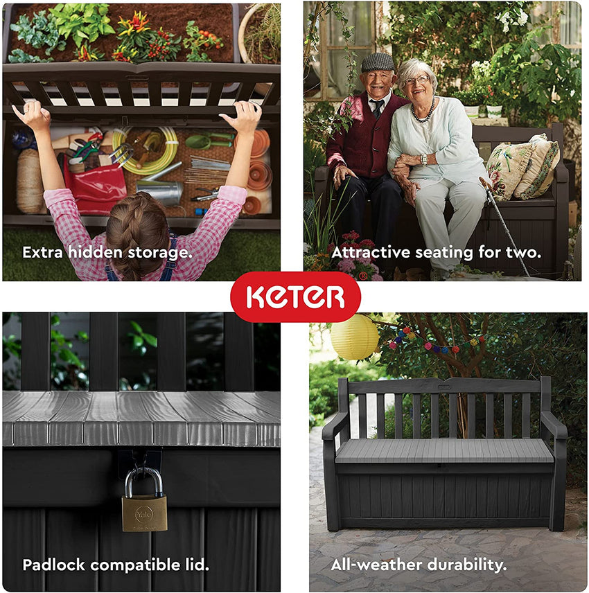 Keter Solana 70 Gallon Storage Bench Deck Box for Patio Furniture. Front Porch Decor and Outdoor Seating – Perfect to Store Garden Tools and Pool Toys. Brown