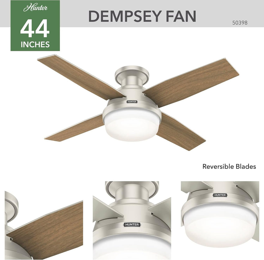 Hunter Fan Company Dempsey Low Profile Indoor / Outdoor Ceiling Fan with LED Light and Remote Control. 44. Matte Nickel