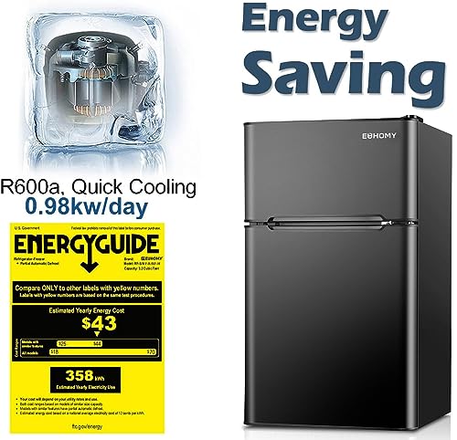 Euhomy Mini Fridge with Freezer. 3.2 Cu.Ft Mini Refrigerator with Freezer