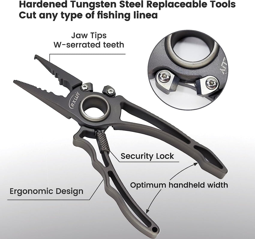 RXLUY Titanium Fishing Pliers. Premium Saltwater Fishing Gear. Tungsten Cutters. Split Ring Hook Remover. Knot Tying Tool with Lanyard. Ice Fishing. Sea Fishing Kit Gifts for Men