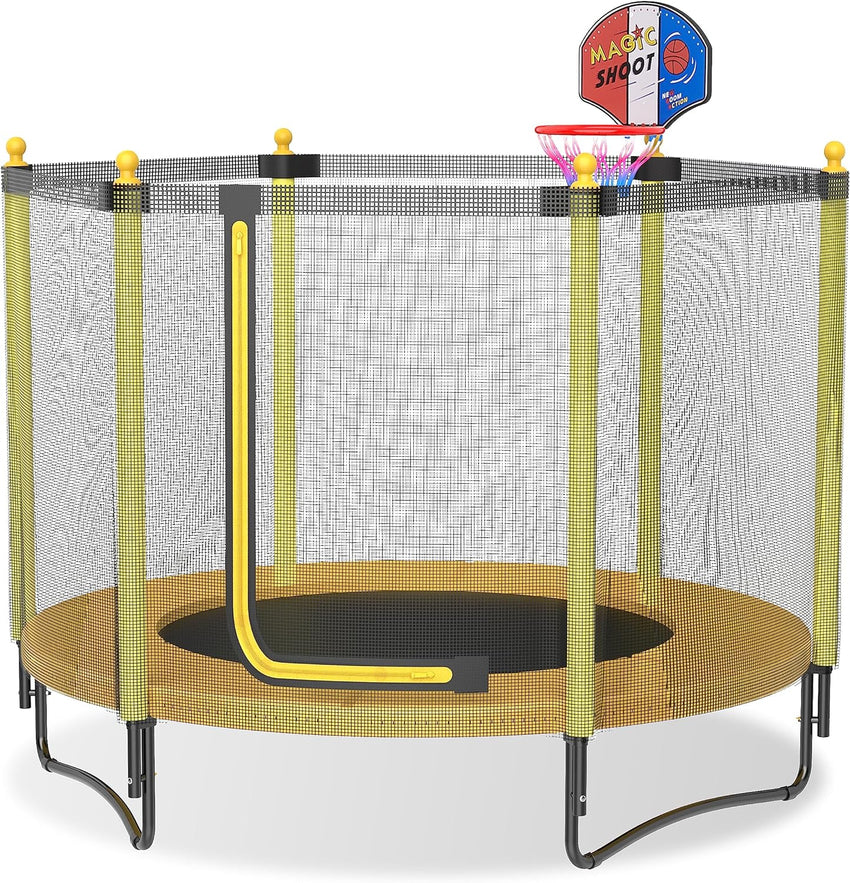 60 Kids Trampoline with Safety Enclosure Net. 5FT Toddler Indoor & Outdoor Trampoline/w Basketball Hoop - Parent-Child Interactive Game Fitness Trampoline Toy Gift for Boys and Girls Age 1-8