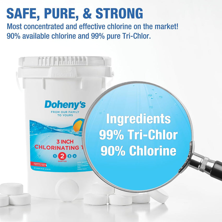 Doheny's 3 Inch Stabilized Chlorine Tablets | Pro-Grade Pool Sanitizer. Long Lasting. Slow Dissolving. 99% Pure Tri-Chlor. Individually Wrapped - 50lb