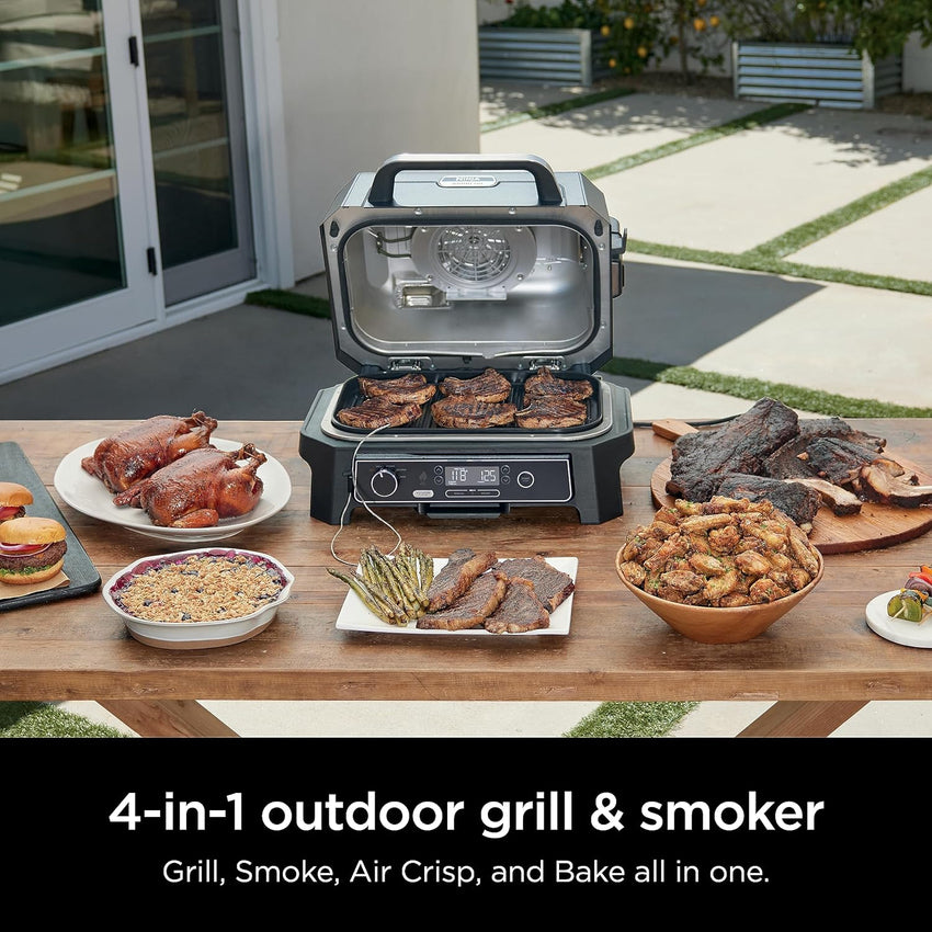 7-in-1 Grill & Smoker with Thermometer. Air Fryer. BBQ. Bake. Roast. Broil - Portable Electric Outdoor Grill. Grey