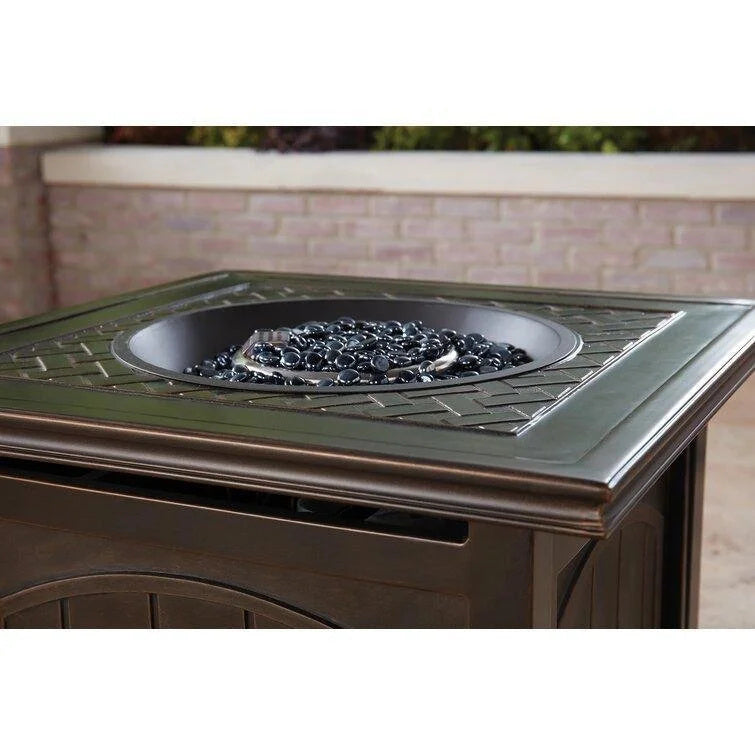 5-Piece Steel Patio Fire Pit Conversation Set with Navy Blue Cushions. Swivel Gliders and Square Fire Pit Table
