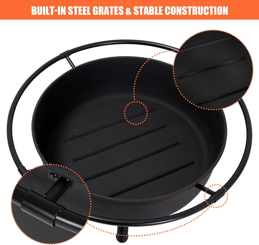 SUNCREAT 42 Patio Fire Pit Wood Burning with Mesh Spark Screen. Bonfire Outdoor firepit with Fireplace Poker. Black