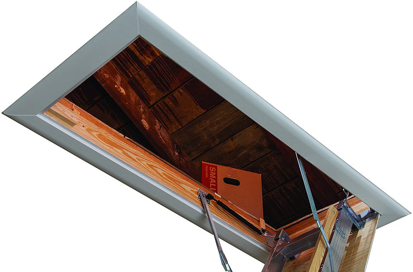 25-1/2 by 54-Inch Elite. 7'8′′-10-Foot Ceiling Height. 375-Pound Capacity. Type IAA. AA2510. Aluminum Ladder. attic. x Rough Opening. Silver