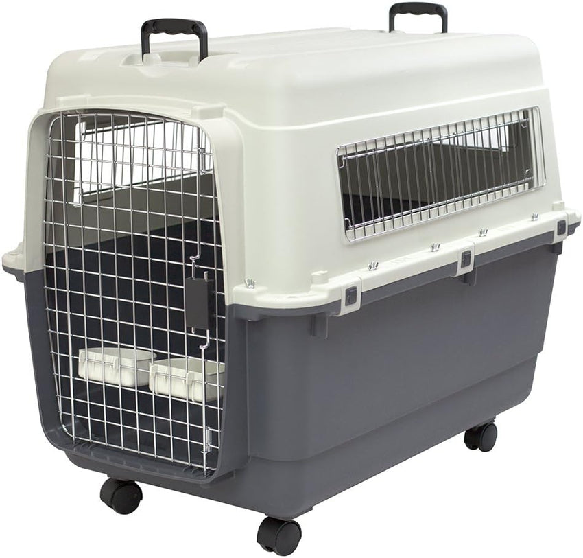 SportPet Designs Plastic Kennels Rolling Plastic Airline Approved Wire Door Travel Dog Crate. XXX-Large. Gray