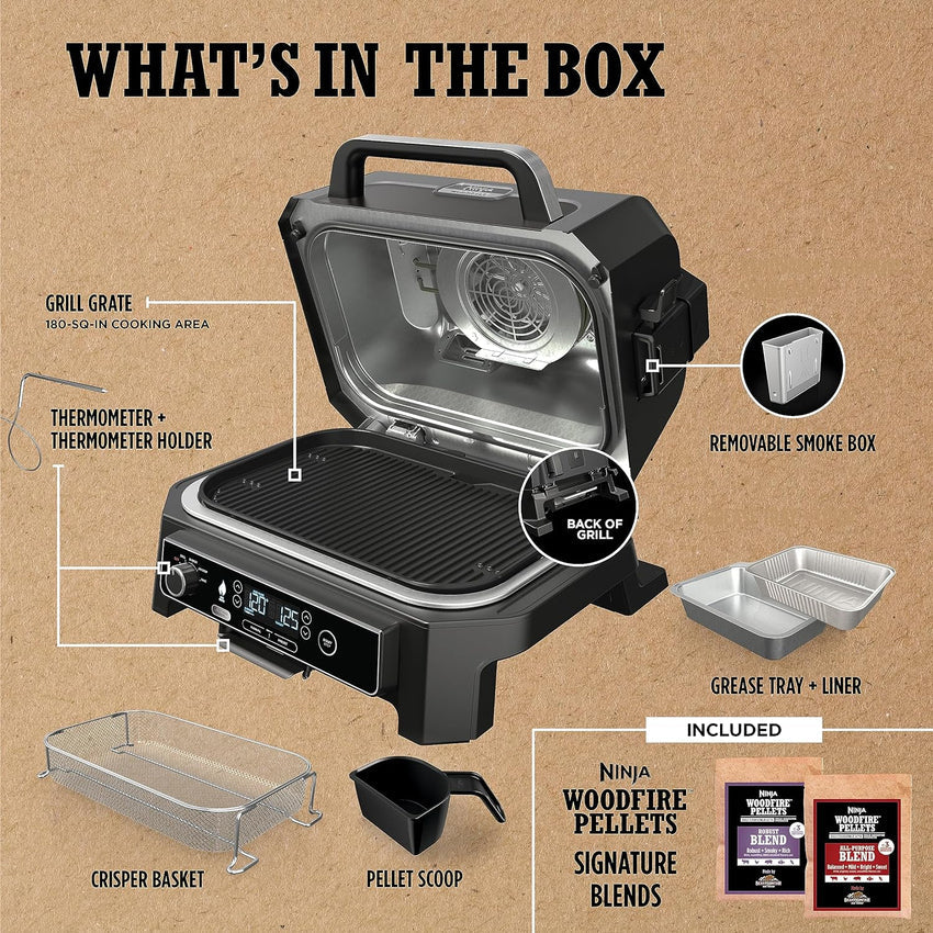 7-in-1 Grill & Smoker with Thermometer. Air Fryer. BBQ. Bake. Roast. Broil - Portable Electric Outdoor Grill. Grey